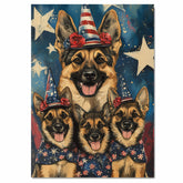 German Shepherd Mother and Puppies in Patriotic Hats and Bows with Starry Background and American Flag Outfits on Ready to Hang 1.5" Thick Canvas Wrap, Floating Framed Canvas, Flat Rolled Canvas